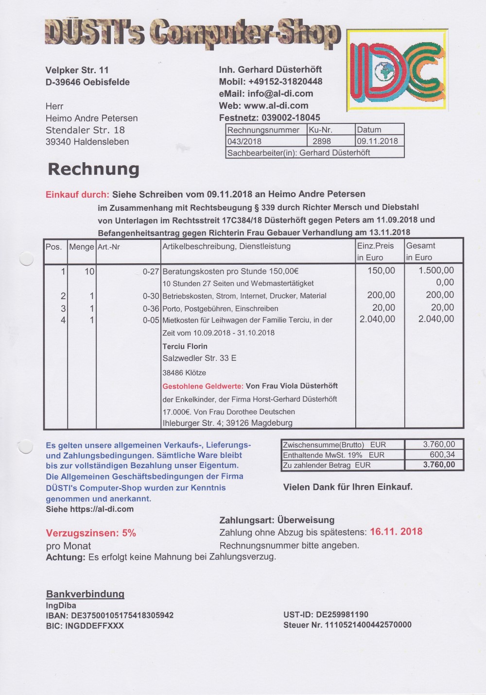 Rechnung 043 2018 vom 09.11.2018